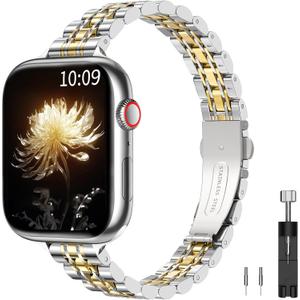 TiMOVO Metal Band Compatible with Apple Watch 42mm (Series 11/10) 41mm 40mm 38mm for Women, Dressy Replacement Strap for iWatch SE 3/2/1, Series 9/8/7/6/5/4/3/2/1, Silver/Gold