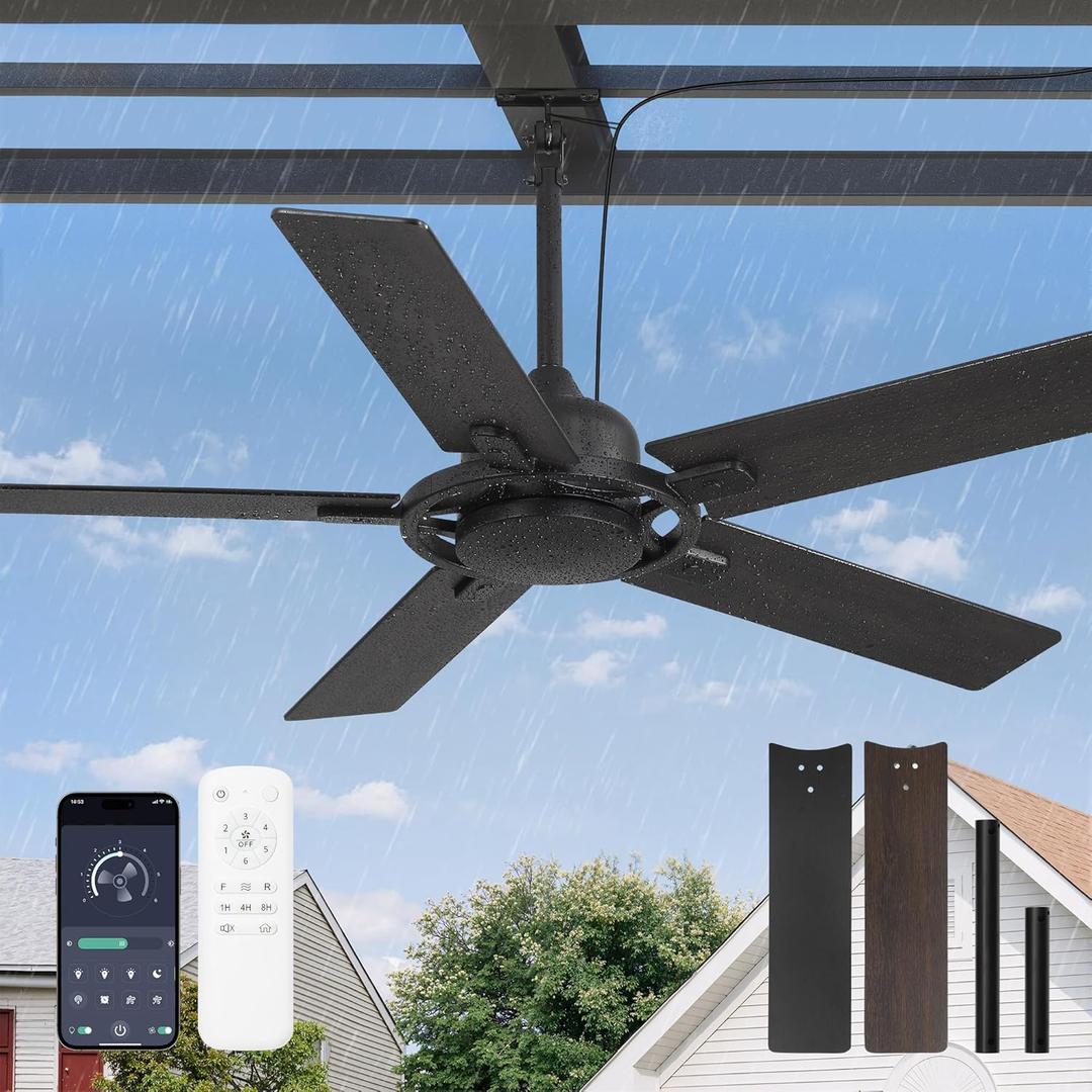 52 Inch Outdoor Ceiling Fan without Light, Waterproof IP65 Wet-Rated, Plug-in Black Ceiling Fan No Light, Remote Control with 6-Speed DC Motor, Hanging Fans with Cord for Patio Porch Gazebo