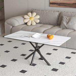White Marble Coffee Table,Rectangle Modern Table with Sintered Stone Top and Black Metal Legs, 40 Inch Center Table for Living Room Apartment