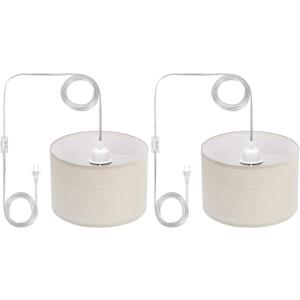 PATIKIL Plug in Pendant Light, 2 Pack 15Ft Rope Cord Hanging Lamp Fixture with ON/Off Switch, Linen Fabric Shade E26/E27 Bulb Socket for Bedroom Kitchen Living Room, Light Linen