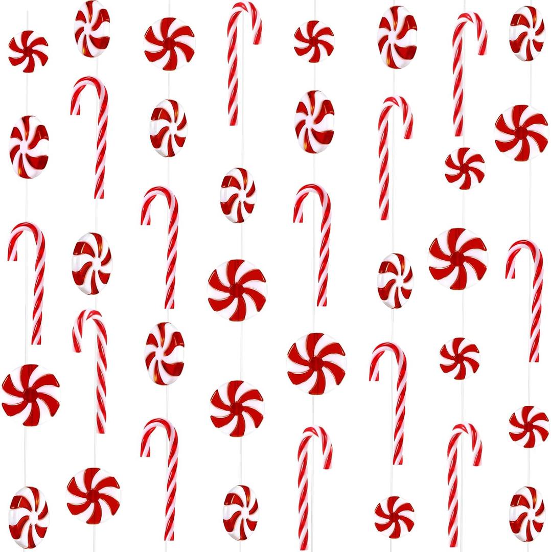 WILLBOND 48 Pcs Christmas Candy Canes Ornament Plastic Christmas Tree Hanging Decoration Fake Swirl Candy Canes Garlands with Crystal Wire for Home Xmas Gift Indoor Outdoor Party Favor (Red and White)