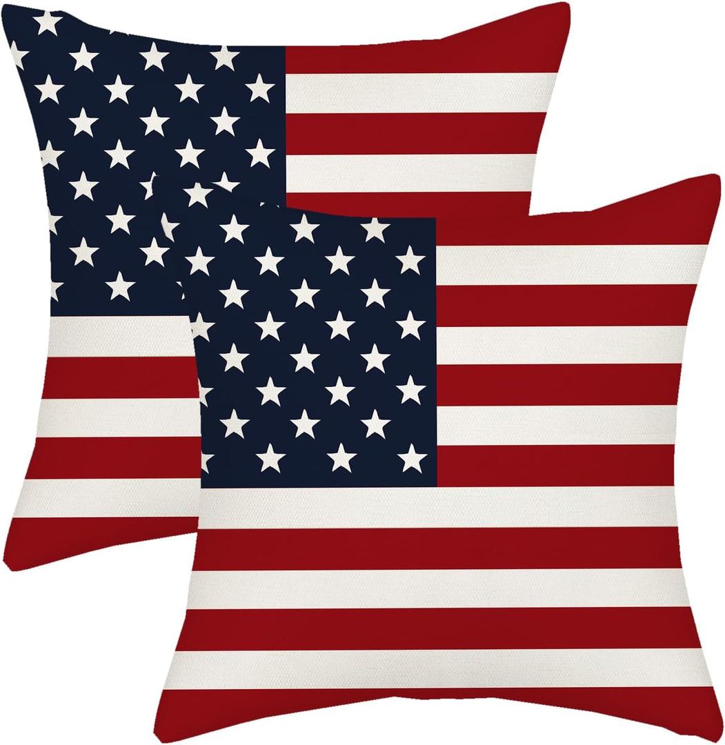 4th of July Pillow Covers 18x18 Independence Day Memorial Day Outdoor Decor Throw Pillows for Couch American Flag Patriotic Star and Stripes Pillowcase Decorative Cushion Case for Sofa Set of 2