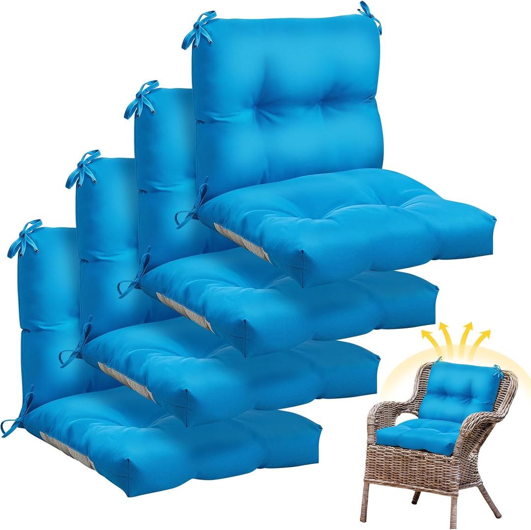 Geetery Outdoor Chair Cushions Set of 4 High Back Patio Furniture Replacement Seat Pads with Ties 42x21x4 for Lawn Porch Wicker Rocking Dining Chairs Weather Resistant Fade Resistant(Ocean Blue), 20.87 x 41.73 x 3.94 inches