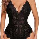 Avidlove Women One Piece Lingerie Deep V Teddy Sexy Lace Bodysuit Snap Crotch Babydoll (Small, Double Layers - Black)