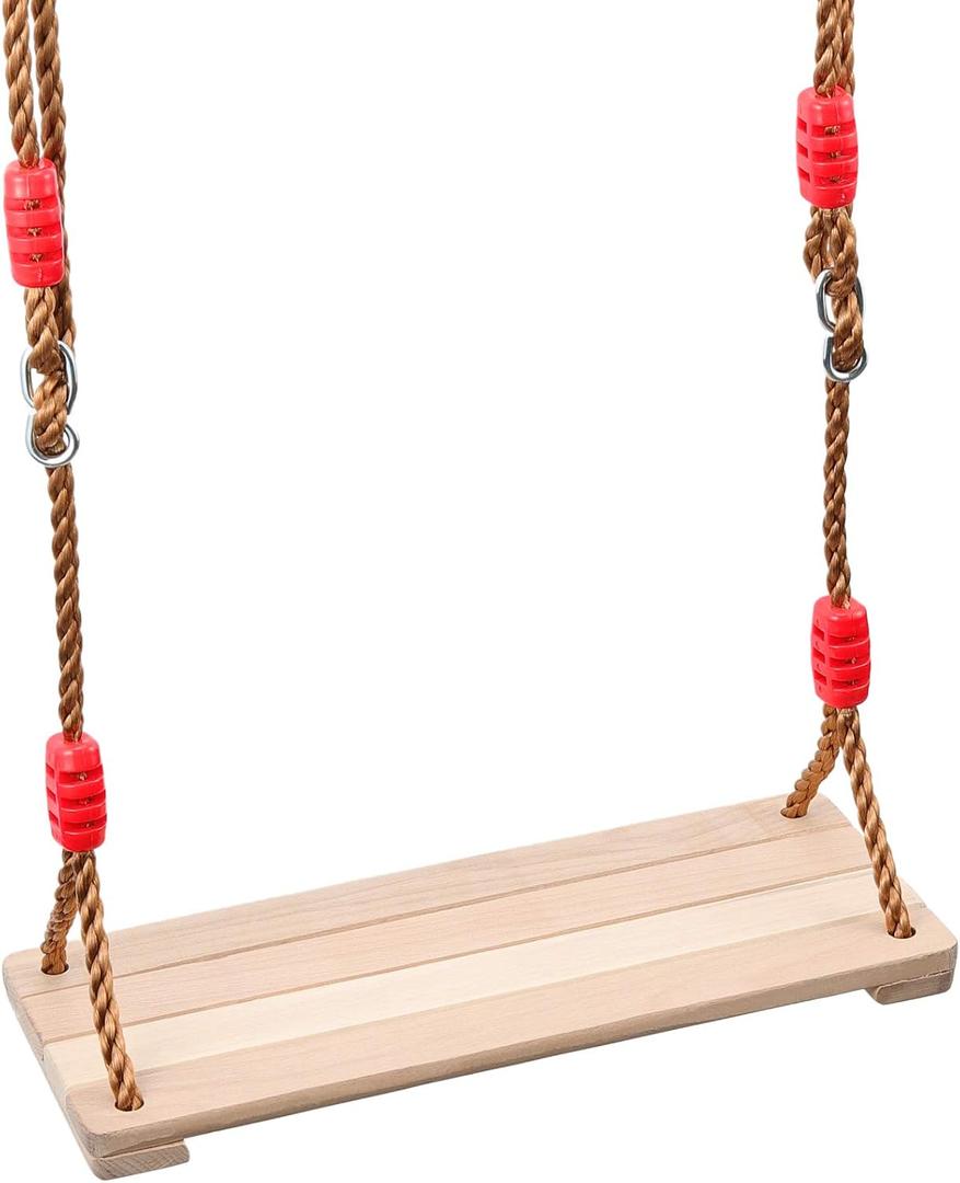 15.57 x 6.3 Inch Wooden Swing, Hanging Tree Swing Seat with Adjustable Rope and Carabiner 330LBS Large Bearing Capacity for Home Backyard Garden Playing