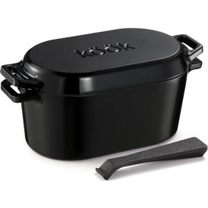 KooK Dutch Oven, Oven for Sourdough Bread Baking, with Lid, Dual Handles, Enameled Cast Iron, includes Lid Lever, Great for Baking Bread, Cooking and Roasting, Dishwasher Safe, 3.4 Qt, Black