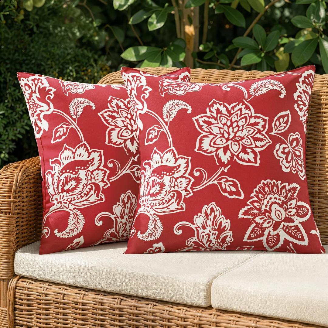SWANCOCO Decorative Outdoor Floral Pillow Covers Set of 2,Waterproof Boho Farmhouse Throw Pillows Summer Accent Pillowcases for Patio Furniture Garden Sofa 18x18 Inch, Red