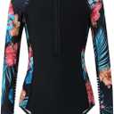 Girls Long Sleeve Rashguard Swimsuit UV Protection One-Piece Swimwear Bathing Suit (11-12 Years, Red Blue Print)