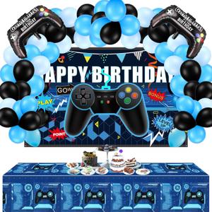 Skylety 34 Pcs Video Game Birthday Decorations Set Gamer Party Supplies with Gamer Backdrop Controller Foil Balloons Table Cover Blue Black Balloons Gaming Themed Pack for Game Night, Room Decor