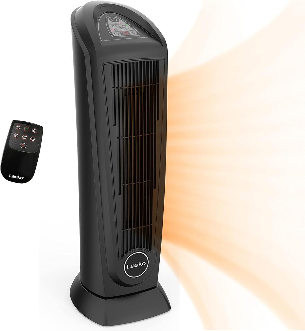 Lasko Portable Oscillating Indoor Electric Ceramic Tower Space Heater with Tip-Over Safety Switch, Overheat Protection, Timer and Remote Control, Safe for Home, 22.5 Inches,1500W, 751321, Black