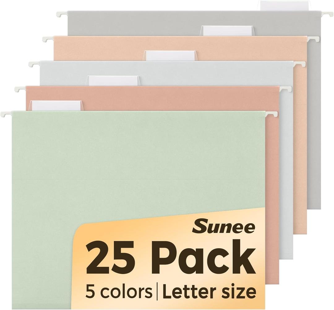 SUNEE 25 Count Hanging File Folders, Pastel Colors, Hanging File Folders Letter Size, Hanging Folders with 1/5-cut Tabs, Designed for Bulky Files, Filing Cabinets, Medical Charts
