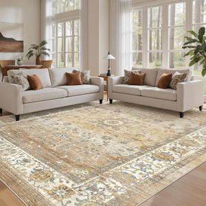 befbee 9x12 Area Rug,Ultra-Thin Washable Rugs for Living Room,Non-Slip Lightweight Foldable Area Rug,Stain Resistant Vintage Large Rugs (Apricot/Blue, 9'x12')
