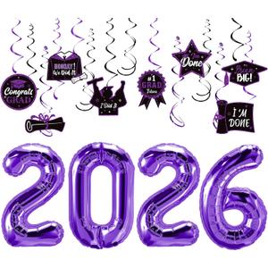 Purple Graduation Party Decorations, Purple 2026 Balloons, Class of 2026, Congrats Grad Hanging Swirl Decorations, Graduation Party Supplies