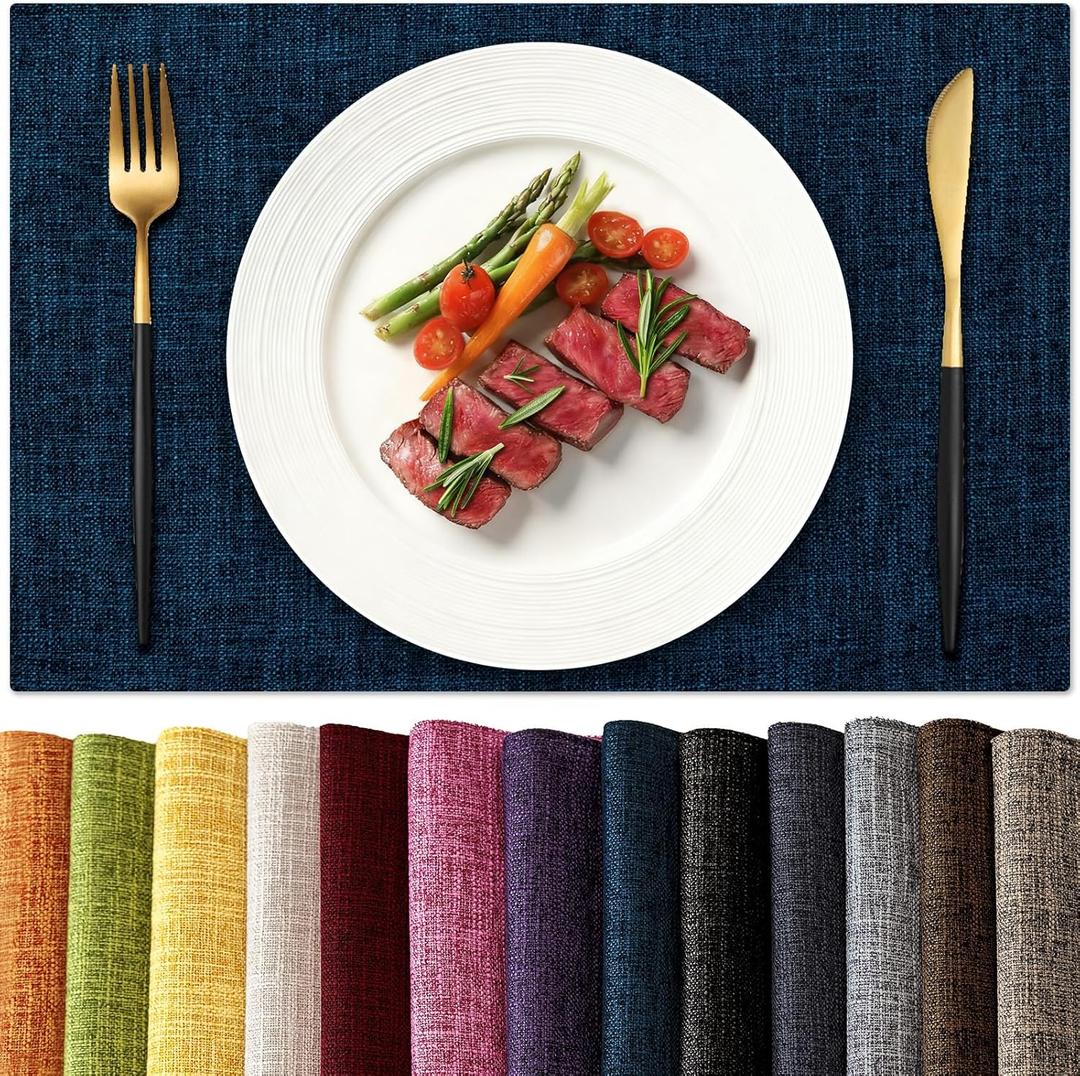 KXN Placemats Set of 8, Dual-Layer Thickened Faux Linen Table Mats, Heat Resistant & Wrinkle-Free, Machine Washable Cloth Place Mats for Kitchen Dining Indoor Outdoor (Navy Blue)