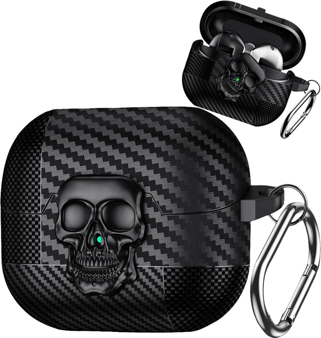 for Samsung Galaxy Buds3 Pro/Galaxy Buds 3 Case with Lock, Girls Boys Funny Skull Full Body Shockproof Hard Shell Cover with Carabiner Keychain for Galaxy Buds3 Pro Skull Black