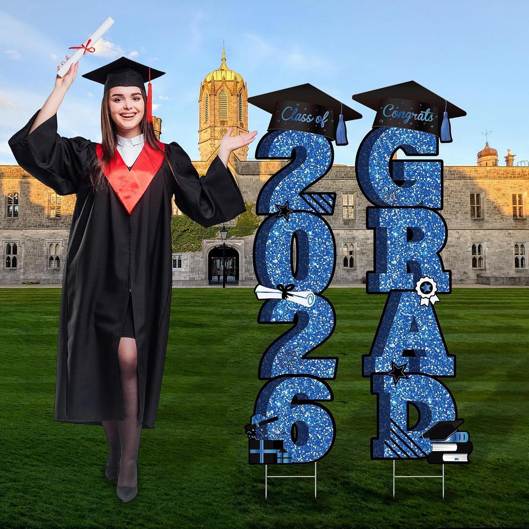 38 Inch Extra Large 2026 Graduation Yard Sign Blue and Black Graduation Decorations Class of 2026 Waterproof Congrats Grad Garden Lawn Decor with Stakes for College School Grad Ceremony Party