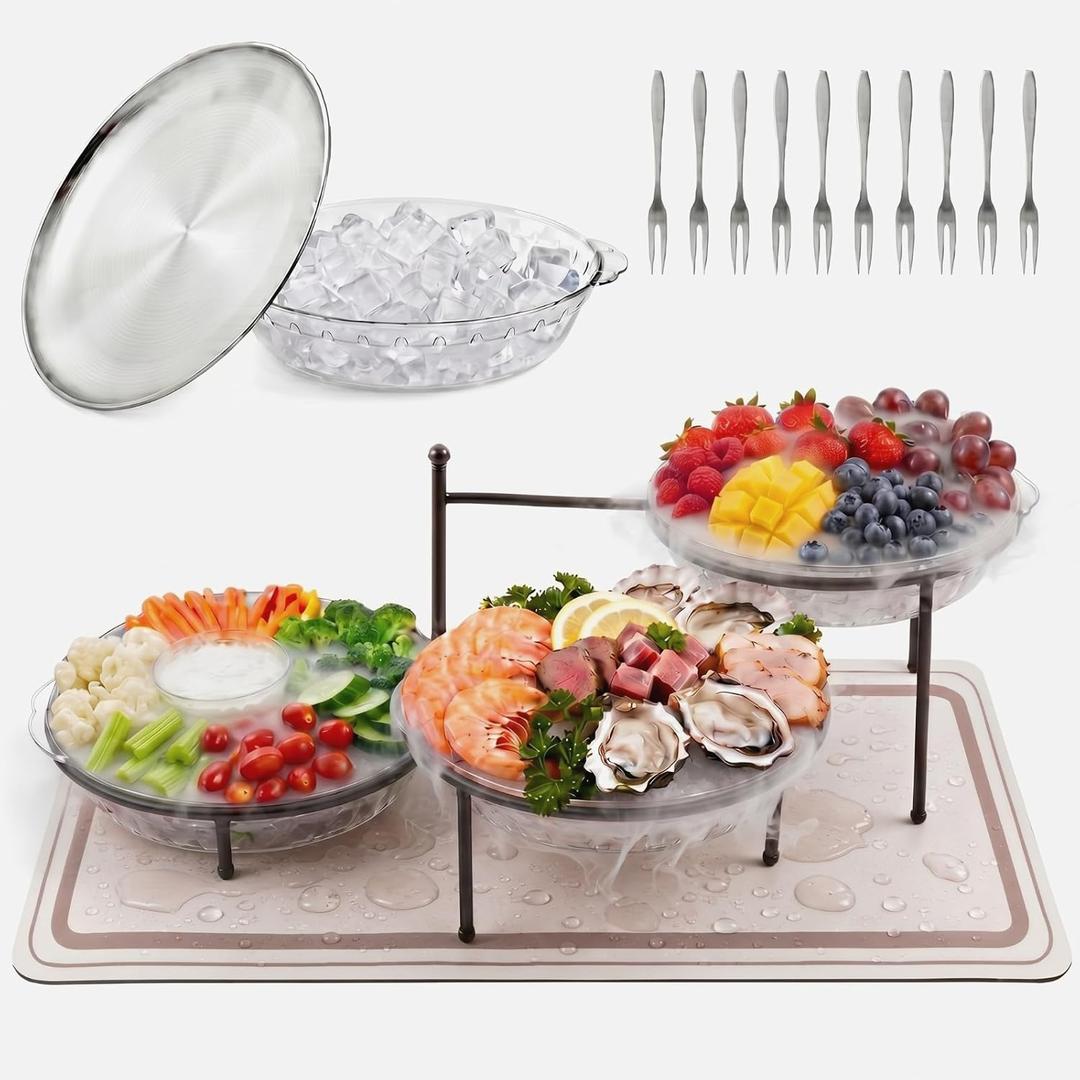 3 Tiered Chilled Serving Trays for Food Parties, 11.8" Stainless Steel Plates with Ice Platter, Absorbent Mat & 10 Fruit Forks, Rotating Cold Serving Tray for Fruit Seafood Vegetable Shrimp