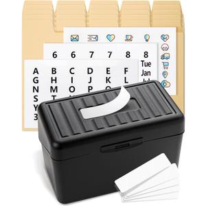 OFFILICIOUS Index Card Box 3x5 - Recipe Box with Manila Dividers & Stickers - Premium Index Card Holder Ideal as Business Card Organizer, Recipe Card Box, Index Card Organizer, Flash Card Holder (139 Pcs Set)