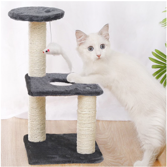 Cat Tree Tower Scratching Post for Indoor Large Cats, Small Cat Tree with Big Perch Bed, 28in Tall Trees House with Condo Cave, Toy Balls, Modern Climbing Furniture Platform for Kitten (Dark Gray)