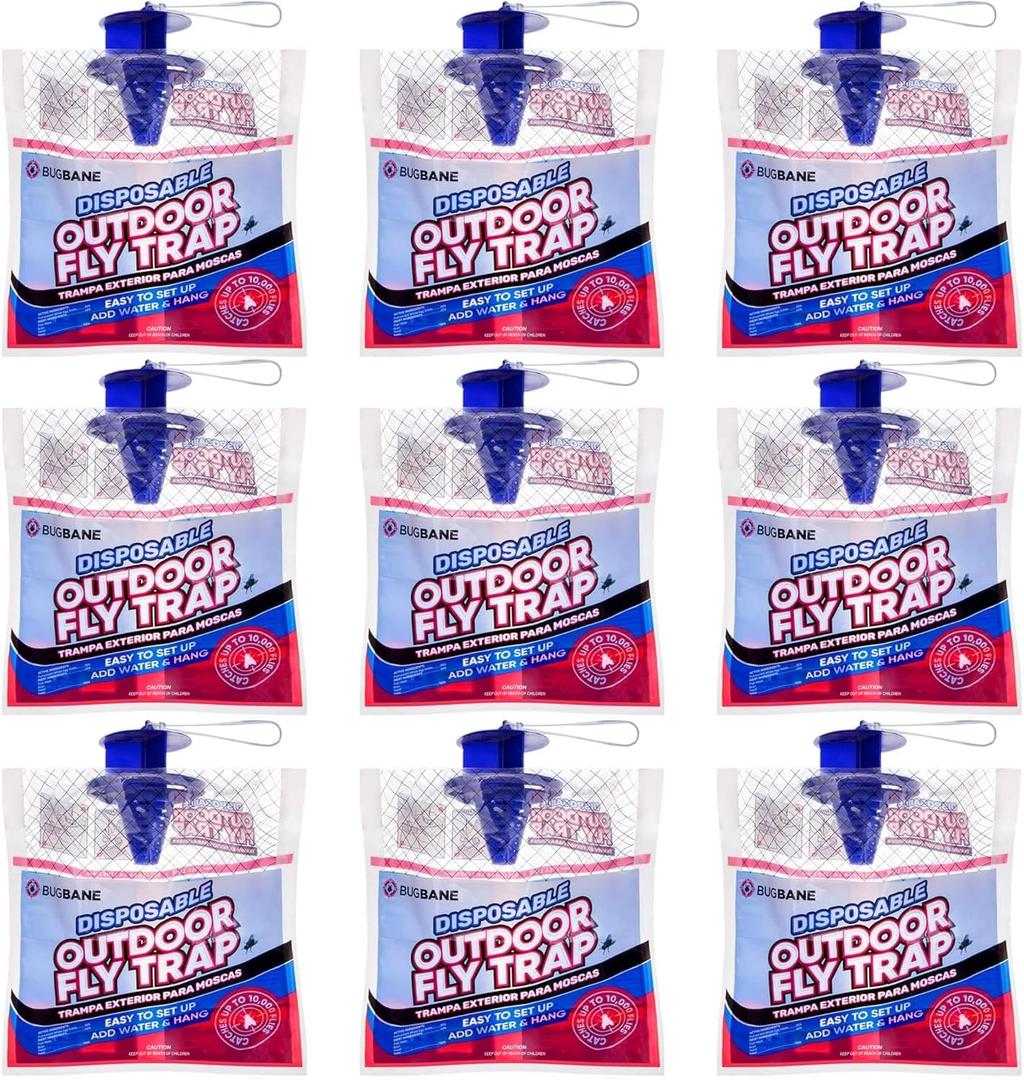 Fly Traps Outdoor Fly Trap for Patio. 9 Non-Toxic Pre-Baited Flies Bags Outdoor Disposable. Hanging Bug Catchers for All Filth Flies Killer for Outside Bug Control in Yard Horse Ranch TrashCan.