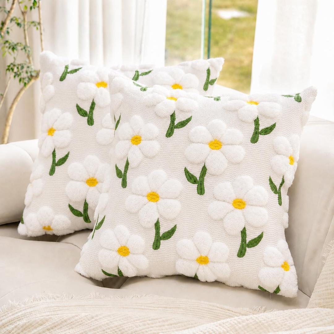 Spring Summer Pillow Covers 18x18 inch Set of 2, White Daisy Floral Sunflower Pillow Cases, Soft Plush Faux Fur Jacquard Throw Pillows for Sofa Couch Holiday Spring Home Decor