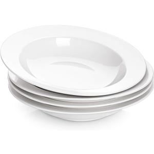 DOWAN Soup and Pasta Bowls Set of 4, White Porcelain Wide Rim Salad Plates, 20 Ounces, Microwave & Dishwasher Safe (9.5")