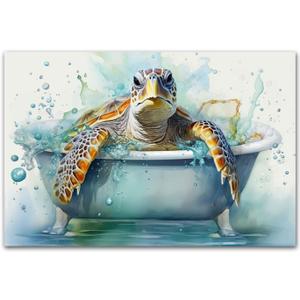 CHAOSETKEN Sea Turtle Bathroom Wall Decor Funny Sea Turtle in Bathtub Wall Art Ocean Animal Picture Prints Coastal Theme Canvas Unframed (12.00" x 18.00")