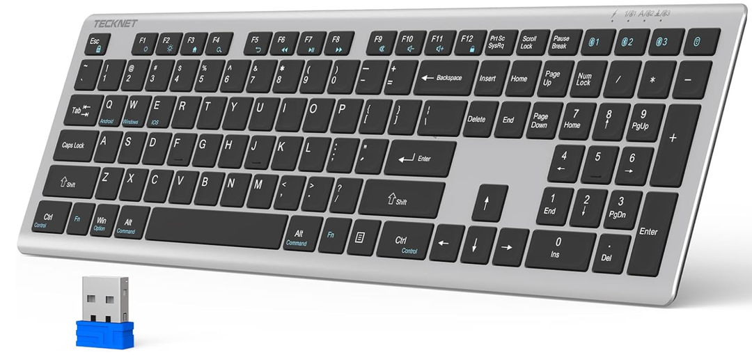 TECKNET Bluetooth Keyboard Rechargeable, 4Device Free Switching (2.4G+BT), UltraSlim Full Size Wireless Keyboard, Quiet Typing, for PC/Laptop/Smart TV/Phone, Adjustable Stand, 12 Multimedia Keys