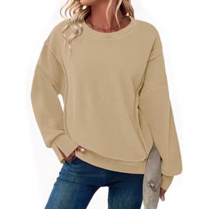 Zeagoo Women's Casual Sweatshirts Crewneck Long Sleeve Fuzzy Fleece Jackets Side Slit Midweight Pullover Fall Fashion 2025 (Light Khaki 01)