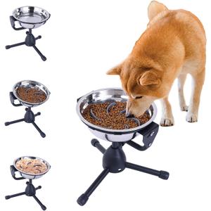 Elevated Slow Feeder Dog Bowl with Adjustable Stand, Height Adjustable Non-Slip Raised Dog Food Bowl for 30-70 lbs Dogs (Silver)