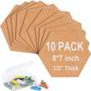 10 Pack Cork Bulletin Board Hexagon - Decorative Display Boards, 1/2" Thick Self-Adhesive Cork Board Tiles for Home Office Decor, School Message Board (10 Pcs) (Brown)