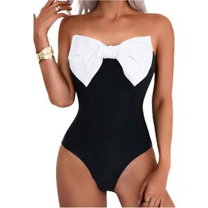 WDIRARA Women's Bowknot Strapless One Piece Swimsuit Colorblock Bandeau Bathing Suit with Removable Strap (Black, M)