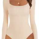 MEROKEETY Women's Long Sleeve Ribbed Bodysuits Sexy Thong Square Neck Slimming Bodysuit Shirt Tops (Medium, Beige)