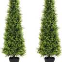4ft Artificial Boxwood Topiary Trees, Set of 2 UV Resistant Faux Evergreen Shrubs and Bushes for Outdoor Planters, Realistic Fake Plants for Front Porch Outside Patio Yard, 4 Foot Tall