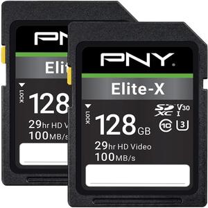 PNY 128GB Elite-X Class 10 U3 V30 SDXC Flash Memory Card - 100MB/s, Class 10, U3, V30, 4K UHD, Full HD, UHS-I, Full Size SD (Pack of 2) PNY 128GB Elite-X Class 10 U3 V30 SDXC Flash Memory Card - 100MB/s, Class 10, U3, V30, 4K UHD, Full HD, UHS-I, Full Size SD (Pack of 2)