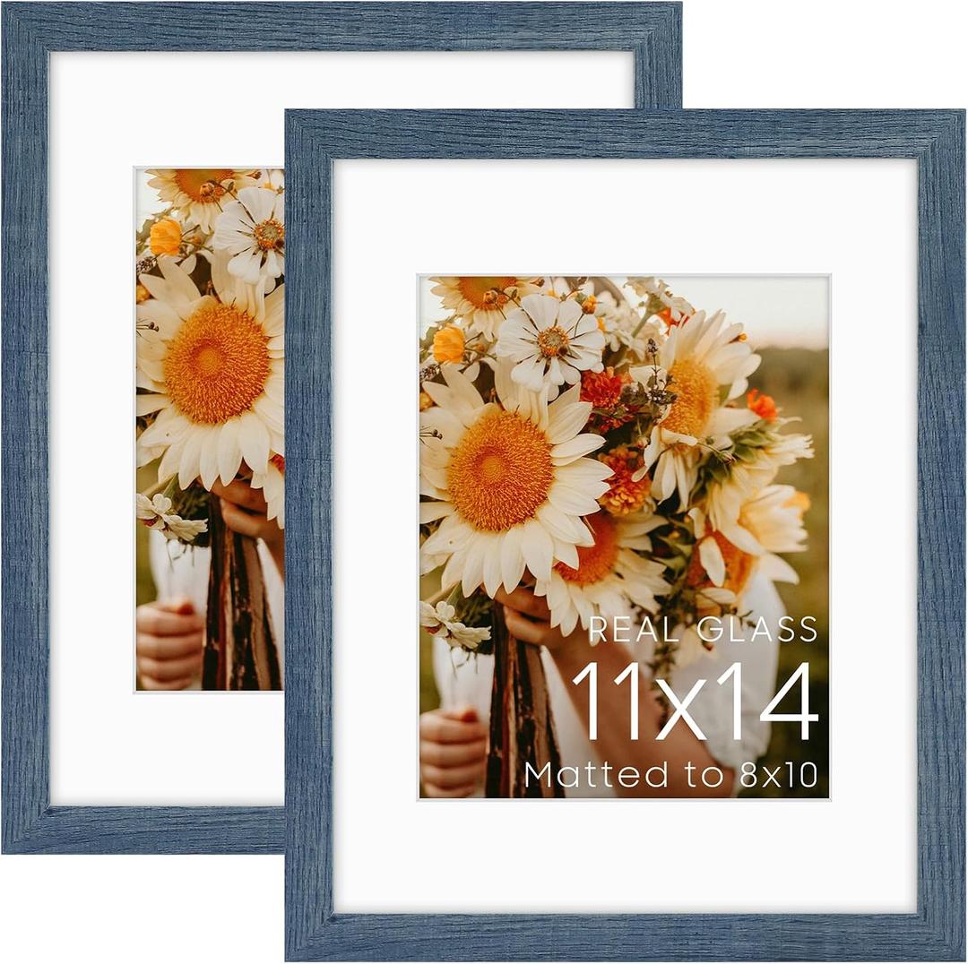 Golden State Art, 11x14 Picture Frame with Mat for 8x10 - High Definition Glass Wall Mounting Horizontal Vertical Display (Blue, 2 Pack)