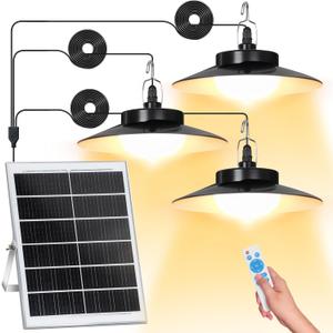 Solar Pendant Lights Outdoor,3 Heads Solar Shed Light Dimmable with Motion Sensor,Solar Powered Lights with Upgrade 5 Lighting Modes & Remote Control for Shed,Patio,Barn,Garage,Chicken Coop (Warm White)