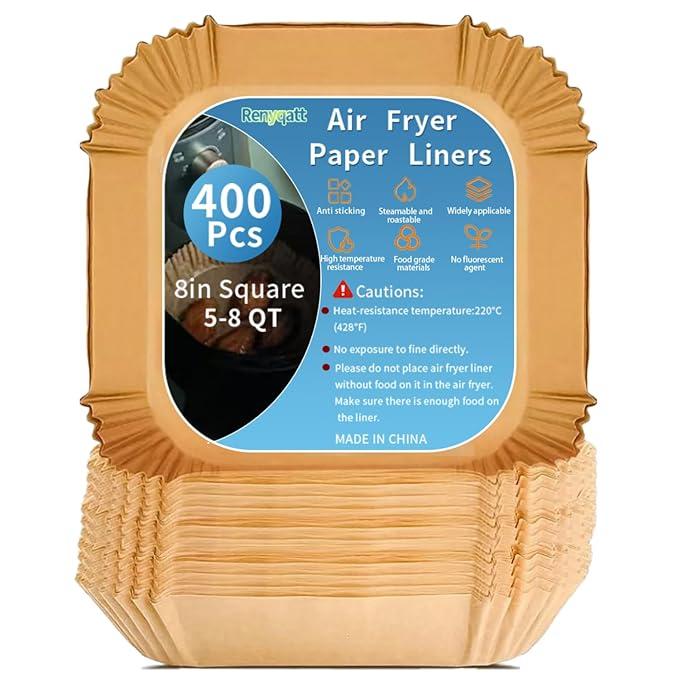 400Pcs 8 Inch Air Fryer Paper Liners Disposable,Square Non-Stick & Oil-Proof Parchment Paper Liners for 5-8 QT Air Fryer,Unbleached Airfryer Liners for Baking,Roasting,and Microwave
