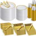 600 Pieces Gold Plastic Dinnerware for 100 Guests, Disposable Plastic Plates for Party Wedding Birthday, Includes 100 Dinner Plates, 100 Salad Plates, 100 Spoons, 100 Forks, 100 Knives, 100 Cups