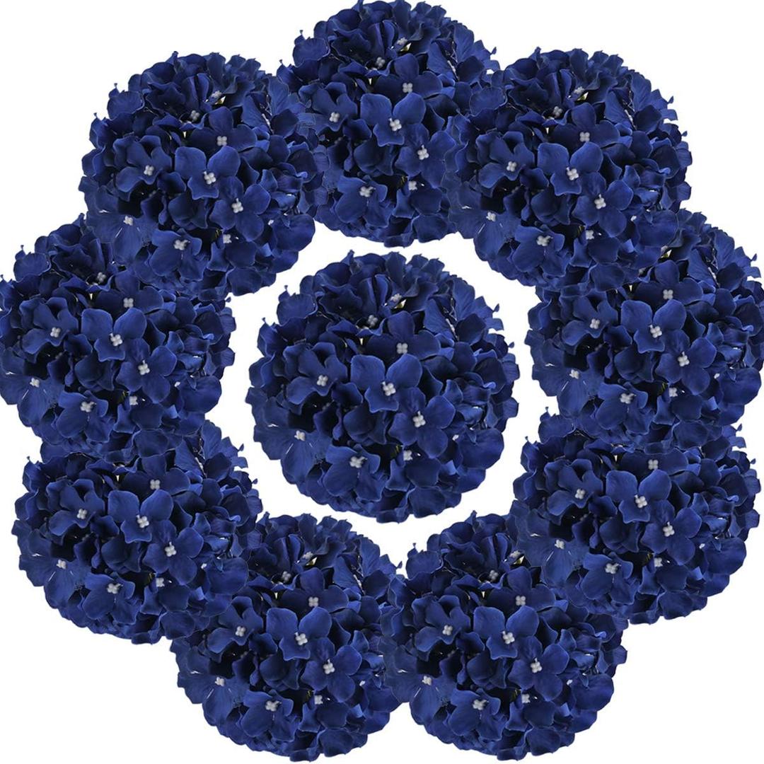 Flojery Silk Hydrangea Heads Artificial Flowers Heads with Stems for Home Wedding Decor,Pack of 10 (Royal Blue)