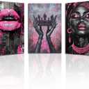 PBXBJY African American Wall Art African Girl Canvas Prints 3 PCS Black Queen with Pink Crown Lips Painting Black Woman Picture Framed Home Office Decor (16.00" x 24.00" x 3PCS)