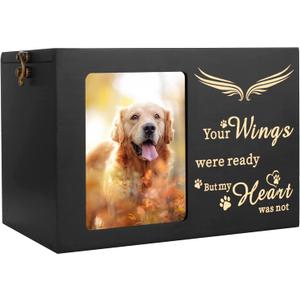Pet Memorial Urns for Dog or Cat Ashes - Large Wooden Funeral Cremation Urns with Photo Frame, Keepsake Memory Box with Black Flannel Lining