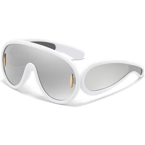 Trendy Wave Mask Sunglasses for Women Men Oversized Shield Sun Glasses Fashion Designer Style (White/Silver)