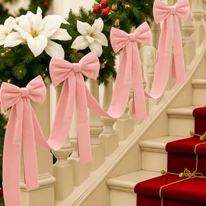 Civaner 16.4 ft Christmas Velvet Bow Garland Staircase Decorations with 6 Pcs 27.5 Inch Large Bow for Stair Railing Fireplace Fence Mantle Holiday Decor Xmas Indoor Outdoor(Pink)