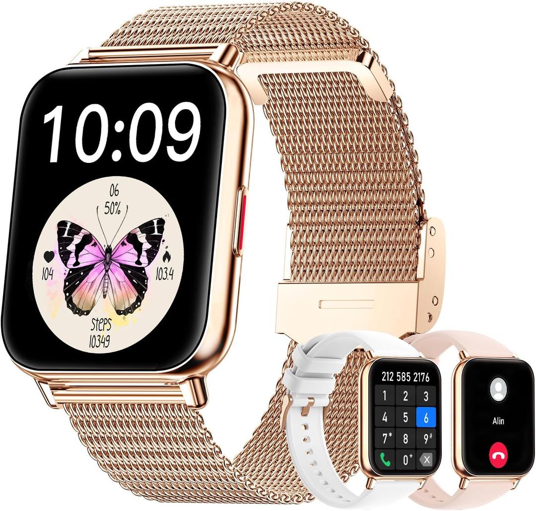 Smart Watches for Women (Answer/Make Calls), 1.85" Large Screen Fitness Watch with 24H Health Monitor, 100+ Sport Modes, 3 Bands Waterproof Smartwatch Compatible with Android and iPhone (Big Screen Rose GoldMetal+Pink+White)