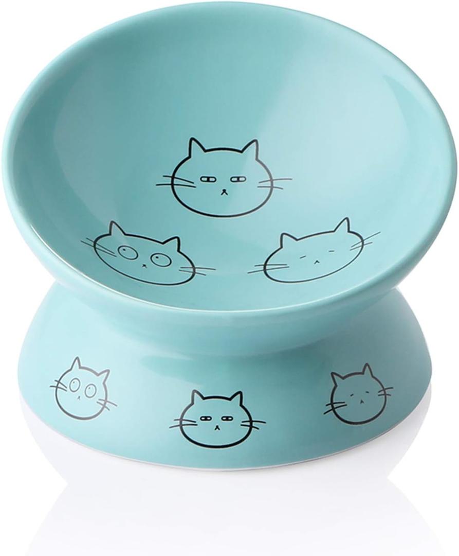 Sweejar Ceramic Raised Cat Bowls, Slanted Cat Dish Food or Water Bowls, Elevated Porcelain Pet Feeder Bowl Protect Cat's Spine, Stress Free, Backflow Prevention (Turquoise)