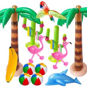 Inflatable Palm Tree Beach Balls Flamingo Banana Parrot Dolphin Cactus Ring Toss Sets for Tropical Hawaiian Beach Luau Summer Pool Party Decorations