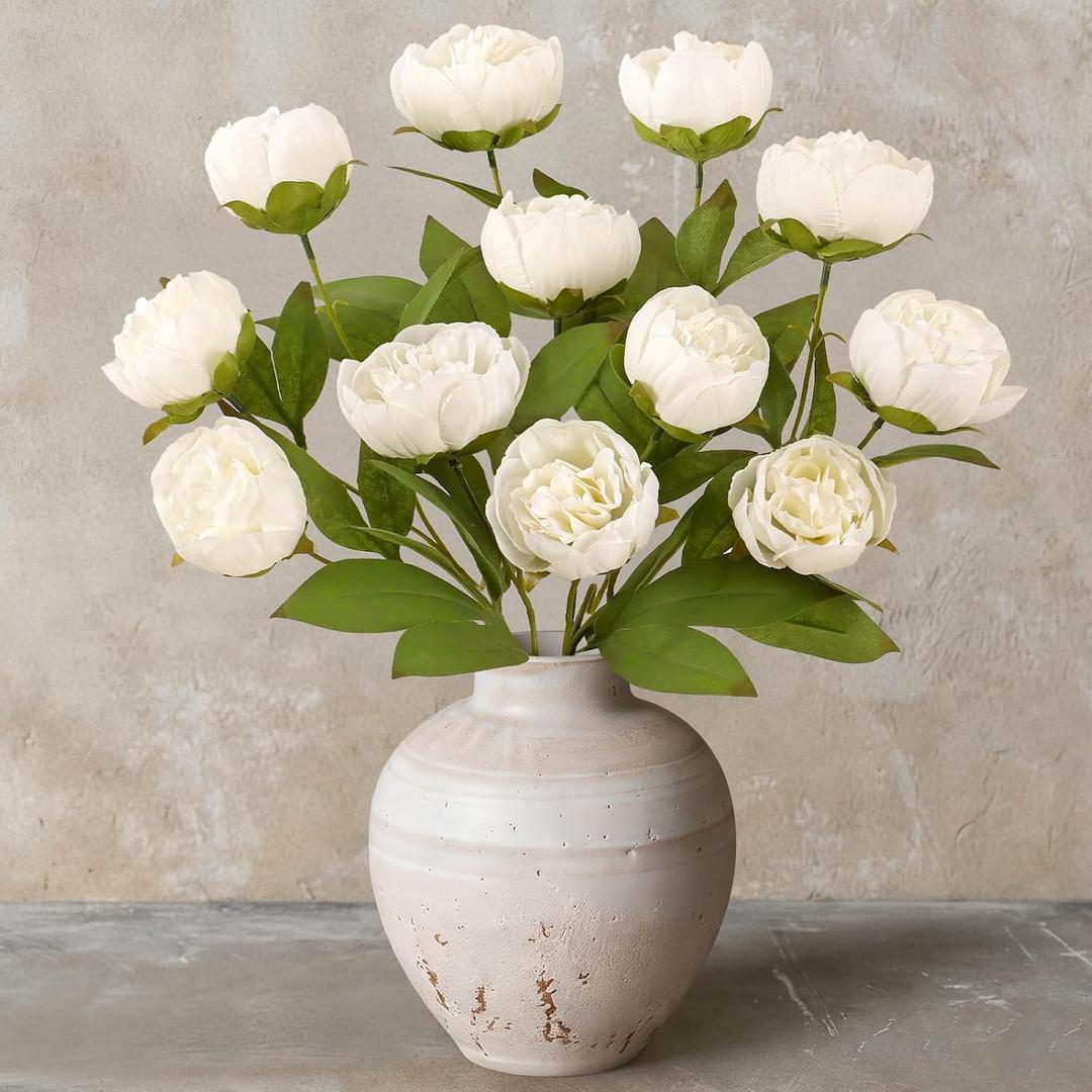 27inch Peony Artificial Flowers for Vase, 3Pcs White Faux Peonies Branch with Long Stem Silk Flower for Floral Arrangements DIY Bouquet Table Centerpieces Wedding Party Home Decor (White, 3PCS)