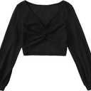 Floerns Women's Twist Front V Neck Cropped T Shirt Long Sleeve Casual Waffle Knit Tops (Small, Black)
