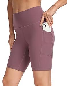 YUNOGA Women's High Waist Yoga Shorts 8" Inseam Biker Shorts Workout Spandex Shorts with Pockets (XS, Dusty Red)